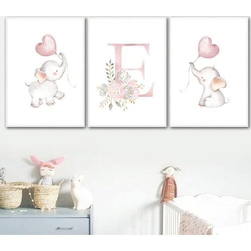 Personalised Floral Letter Nursery Poster Elephant Animal Canvas Art Painting Print Wall Picture Baby Girl Bedroom Decor TB165