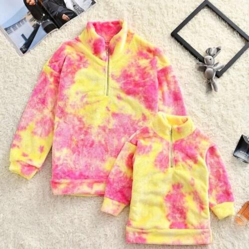 2021 Winter Mommy And Me Coat Clothes Family Look Matching Outfits Warm Tie Dyed Mother And Daughter Velvet Jacket Outerwear