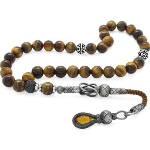 Tesbihane 1000 Sterling Silver Kazaz Tassels Sphere Cut Tiger 'S Eye Natural Stone Rosary (M-2)