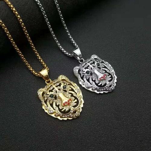 Hip Hop Bling Iced Out Stainless Steel Tiger Animal Pendants Necklaces for Men Rapper Jewelry Drop Shipping