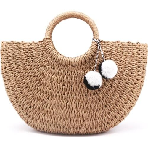 New Summer Handmade Bags Women Pompon Beach Weaving Ladies Straw Bag Wrapped Beach Bag Moon shaped Bag