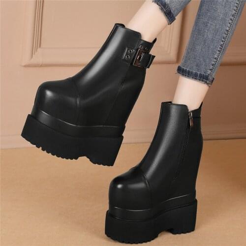 16cm Super High Heels Creepers Women Genuine Leather Motorcycle Boots Female High Top Round Toe Platform Pumps Shoe Casual Shoes