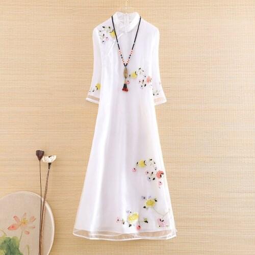 High-end Spring Organza Women Cheongsam Dress Retro Elegant Embroidery 3/4 Sleeve Loose A-line Lady Party Qiapao Dress S-XXL