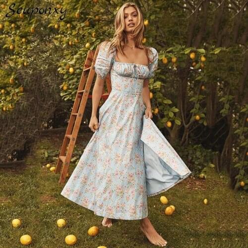 High Quality 2021 Summer Floral Print Dress Sexy Square Collar Puffy Sleeves Side Slit Drawstring WomenS Party Dress Vestidos