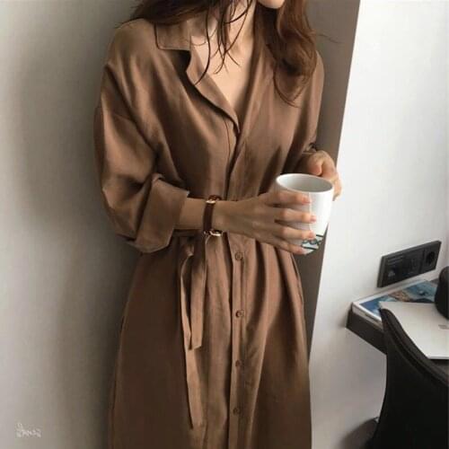 2020 Spring Autumn New Fashion Female Batwing Sleeve Vintage Solid Shirt Dress Women Casual Loose Wrap Oversize Vestidos W11