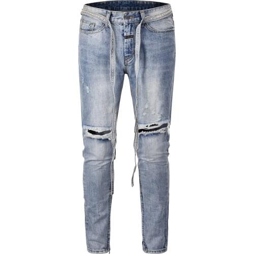 2019 high quality pants mens jogger clothes fashion denim jumpsuit Drawstring skinny destroyed ripped distressed blue jeans