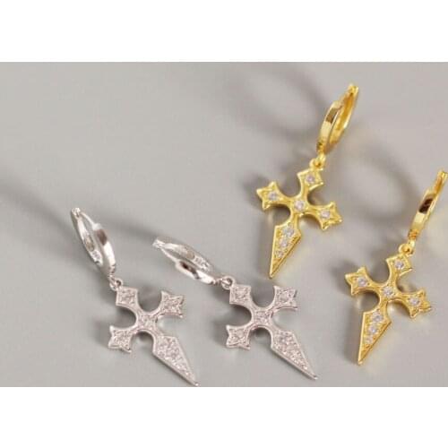925 Sterling Silver Gold CZ Drop Cross Earrings with Zircon for Men Women Dangle Hinged Earrings Hypoallergenic Jewelry Boys