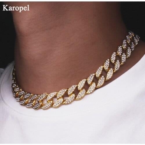 Karopel Fashion Gold Color Rhinestone Necklace for Women Men Miami Cuban Link Chain Big Hip Hop Necklace16/18/20/24 Inch Jewelry