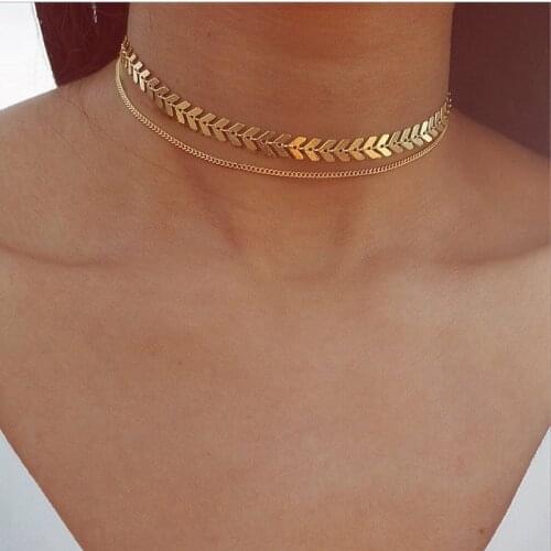 2021 New Fashion Chain Choker Two Layers Necklaces Fishbone Airplane Shape Gold Color Necklace Flat Chain jewelry