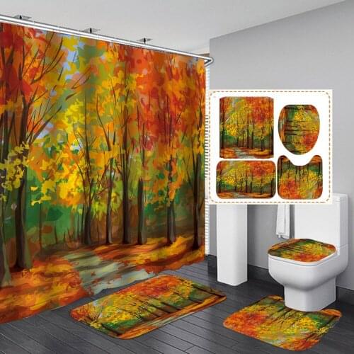 Shower Curtain Mat 4pcs Set Anti-Slip Rug Mats Lid Toilet Cover Bathing Carpet 3D Maple Trees Waterproof Polyester Mouldproof