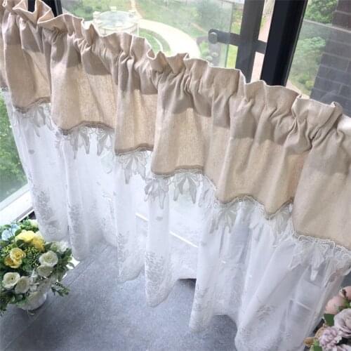 Double Layer Lace Bowknot Half Curtains Coffee Shop Roman Blind Beige Cloth White Tulle Short Curtains for Kitchen #VT
