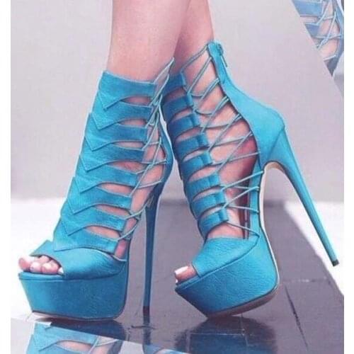 Geometric Blue Heels Women Ankle Boots High Platform Cross Strap Lady Runway Bootie Gladiator Heel Banquet Dress Shoes Plus Size