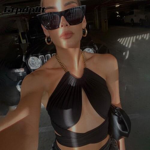 Gtpdpllt Sexy Metal Chain Strap Crop Top Summer Clothes For Women Y2k Top Mujer Halter Hollow Out Bandage Wrap Chest Tank Tops