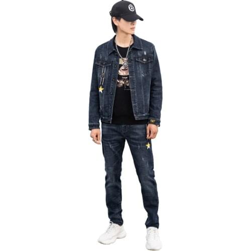 Famous Brand New Men Blue Sets Fashion Autumn Letter Printed Suit Denim Jackets+Pants Mens Clothing 2 Piece Sets Slim Tracksuit