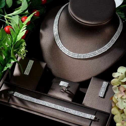 HIBRIDE Luxury Clear AAA Cubic Zircon Women Jewelry Sets 4pcs Bridal Wedding Necklace Earring Set parure bijoux femme N-874