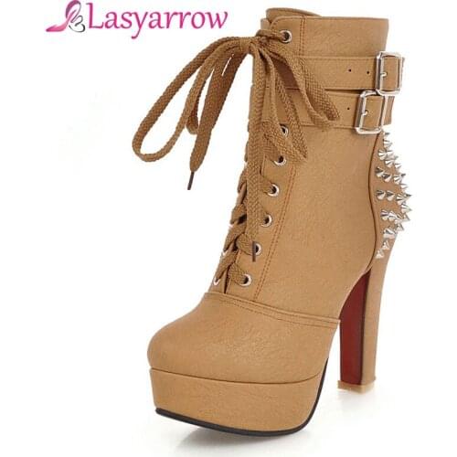 Lasyarrow Fashion Rivet Motorcycle Boots Autumn Winter Ladies Shoes Thick High Heel Round Platform Lace Up Ankle Boots for Woman