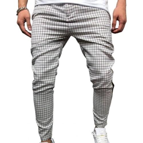 Fashion Men Pants Mid Waist Slims Fit Male Sweatpants Plaid Checkered Side Stripe Trousers Summer 2021 New Work Casual Pants