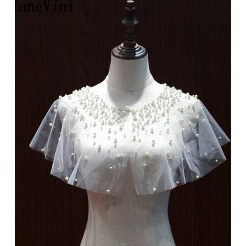 JaneVini New Ivory Bridal Cape with Pearls Luxury Tulle Short Wrap Shawl Summer Women Cloak Bolero for Wedding Dress Accessories