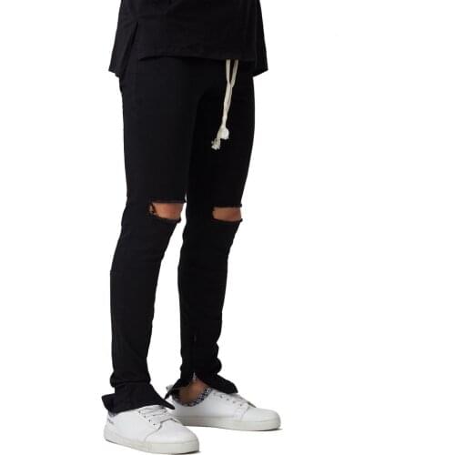 2018 New Mens Stretch Elastic Side Ankle Zipper Ripped Destroyed Hip Hop Skinny Jeans