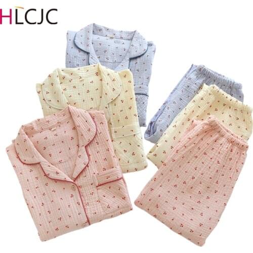 Autumn Cute Cherry Printing Pajamas for Women Lapel Plus Size Loose Long Sleeve Long Pants Sleepwear Cotton Crepe 2 Piece Set