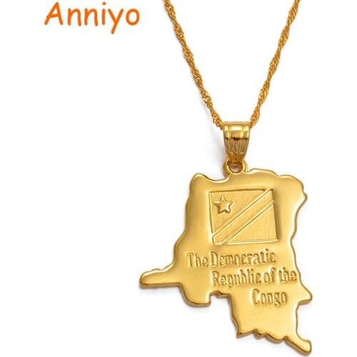 Anniyo Democratic Republic of the Congo Map & National Flag Pendant Gold Color DRC Kinshasa Necklace Ethnic Jewelry #080706
