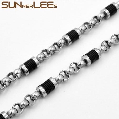 SUNNERLEES 316L Stainless Steel Necklace 7mm Geometric Link Chain Silver Color Black Silicone Men Women Jewelry Gift SC172 N