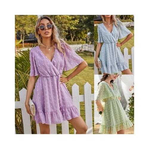 Elegant Applique Mini Dresses for Women 2021 Party Summer Short Sleeve V-neck Ruffles Dress Lady Casual Simplicity Dress Vestido