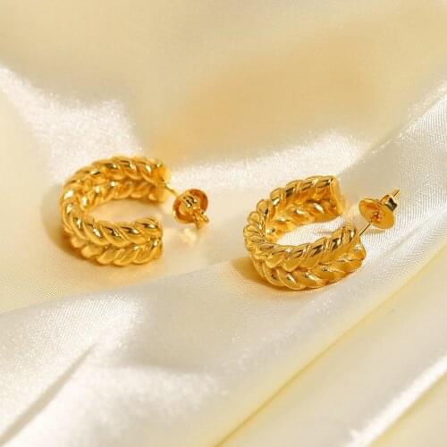 Gold Plated Stainless Steel C Shape Stud Earrings Double wheat C Shape Hoop Earrings INS Minimalist Metal Jewelry