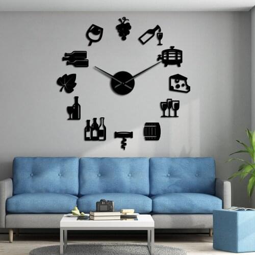 Cheese and Wine Modern Frameless DIY Giant Silent Wall Clock Alcoholic Drink Pub Bar Sign Cork Screw Decorative Wall Watch