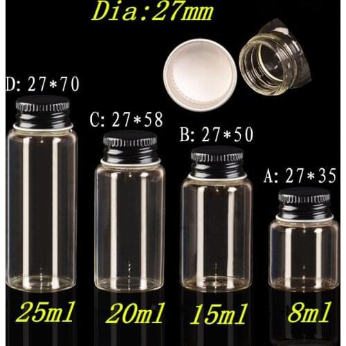 8ml 15ml 20ml 25ml Glass Bottles with Black Aluminium Cap Empty Vitreous Containers 50pcs Jewelry Ornament Exhibits Gifts Vials