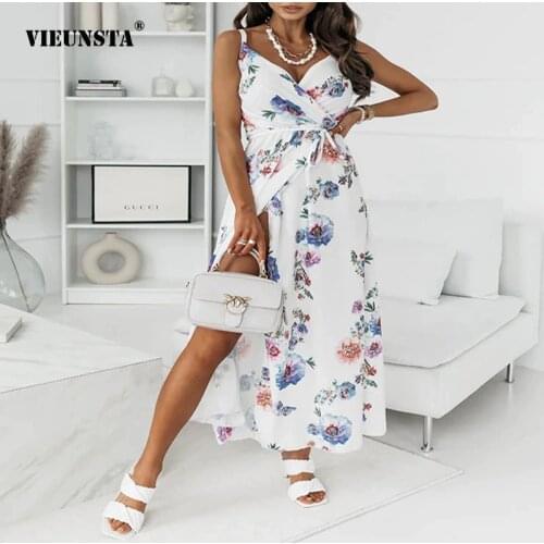 Bohemia Sling Printing Splicing Beach Holiday Dress Female Summer V-Neck Temperament Chiffon Belt Split Fork Sleevele Midi Skirt