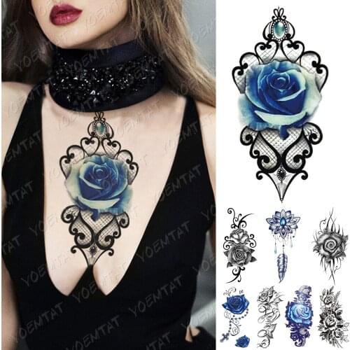 Waterproof Temporary Tattoo Sticker Blue Diamond Rose Lace Flash Tattoos Totem Flowers Body Art Arm Fake Sleeve Tatoo Women Men