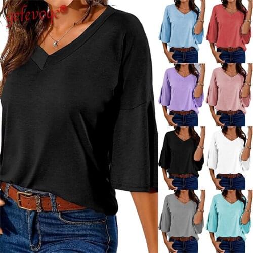 Summer Womens Solid Color Three-quarter Flared Sleeve T-shirt V-neck Loose Casual Tops For Women Simple Black Tee Shirt Femme