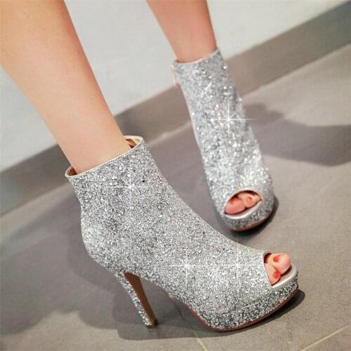 AGODOR Peep Toe Ankle Boots Platform High Heels Women Shoes Bling Stiletto Zip Open Toe Short Boots 2020 Spring Autumn Shoes