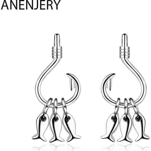 ANENJERY 925 Sterling Silver Ins Cute Fish Tassel Fish And Fish Hook Earrings Earrings For Women Girl Gift S-E898