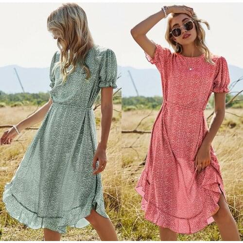 2021 summer womens dress high waist round neck ruffled mid-length cotton blended floral short-sleeved long dress