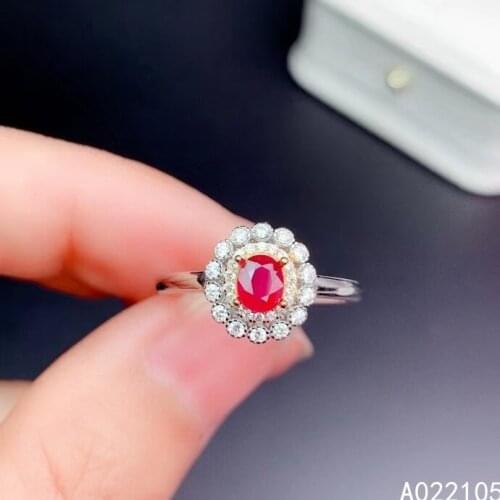 925 Pure Silver Chinese Style Natural Ruby Womens Popular Trendy Flower Adjustable Gemstone Ring Fine Jewelry Support Detection