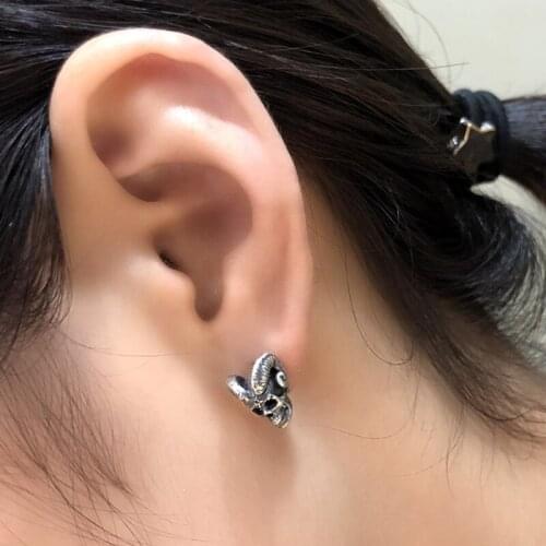 ANGELADY 1Pair Goat Horn Skull Stud Earrings Cool Punk Goth Earrings Edgy Jewelry Gift for Men Boyfriend Women Girlfriend