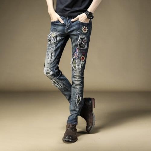 Free Shipping New 2019 Male fashion Autumn and winter mens jeans tide brand hip hop old embroidery Slim Korean pants trousers