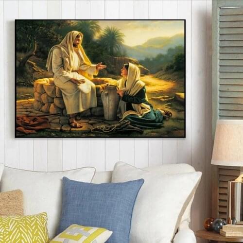 Jesus and The Samaritan Woman Famous Painting Canvas Posters and Prints Religious Wall Art Pictures for Living Room Home Decor
