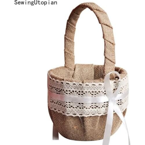 Retro Jute Burlap Lace Wedding Flower Basket Flower Girl Basket for Wedding Decoration Storage Basket Hanging Basket 13X22CM
