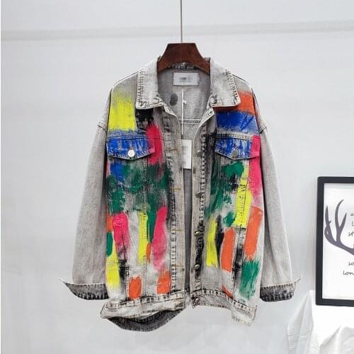 Oversize New Spring Autumn Jacket Vintage Paint Splash Printing Jean Jacket Women Casual Chaqueta Mujer Streetwear Denim Jackets