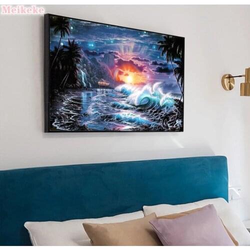 5D DIY Full Drill Round Diamond Painting Sea Sunrise Landscape Diamond Embroidery Mosaic Kit Home Decor for Bead Art Wall Gift