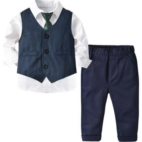 Boy Clothes Vest White Shirt with Green Bow Tie Nary Pants 3 Pieces Formal Suits Infant Kid Gentleman Baby 1 Year Boy Birthday