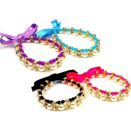 Pearls Dog Necklace Cat Collar with Bling Accessories Pet Puppy Jewelry for Female Dogs Cats Ribbon Bow Tie Pet Necklace