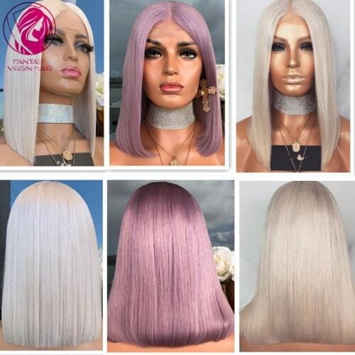 Women Human Hair Lace Front Wig Icy White Blonde Purple Short Bob Lace Frontal Wig Straight Virgin Hair TRansparent 150% 13x1