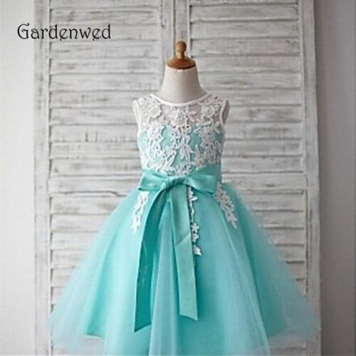 Gardenwed Mint Flower Girl Dress 2019 Baby Dress Top Lace Appliques Bow Knot Sash Little Girls Kids Dress Wedding Pageant Gown
