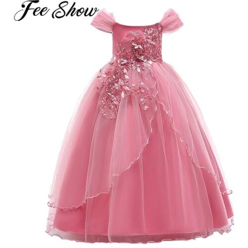 Flower Embroidery Girls Dress Opening Ceremony Clothing Princess Dress Pageant Party Wedding Elegant Girls Dress Kids Vestidos