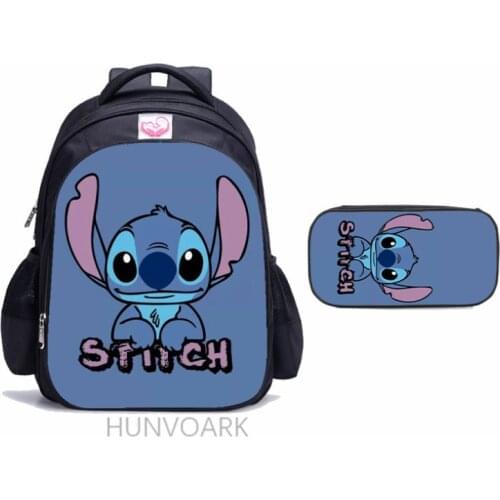 16 Inch Kawaii Stitch School Backpack For Boys Girls Children Primary Orthopedic School Bag Set Student Book Bags Mochila