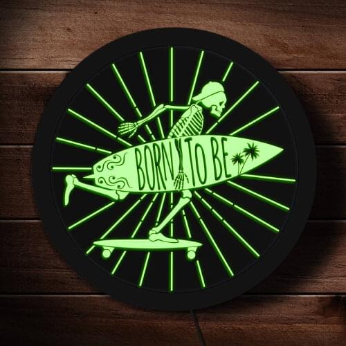 Born to Be Surfer Skeleton Rounded LED Neon Sign Skull Holding a Surfboard Display Wall Light Deocr Surfing Sport Lover Gift